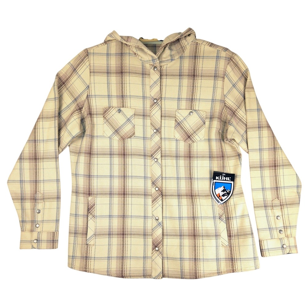 Kuhl Womens Kleo Hoody Shirt Jacket Tan Blue‎ Plaid Snap Front 8427 XL New